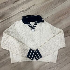 White and navy blue collared sweater